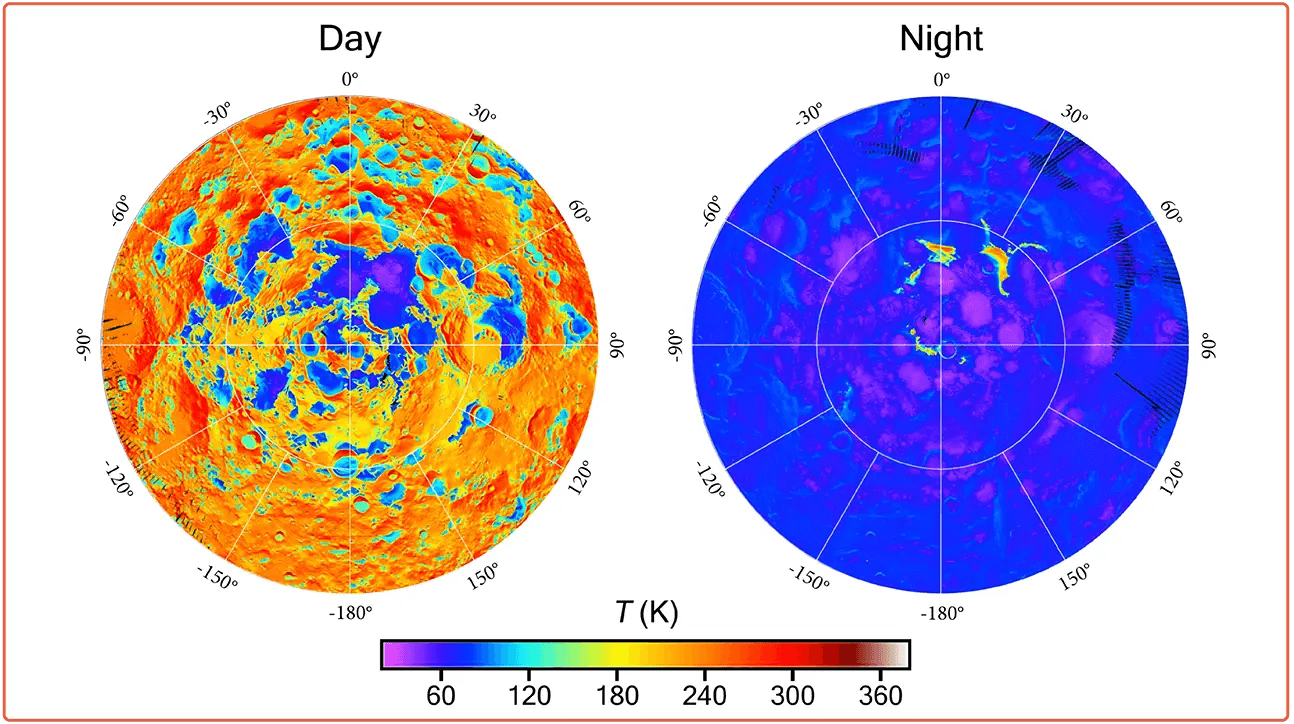 Figure 2 Temperature map of the south polar region of day (left) and night (right).