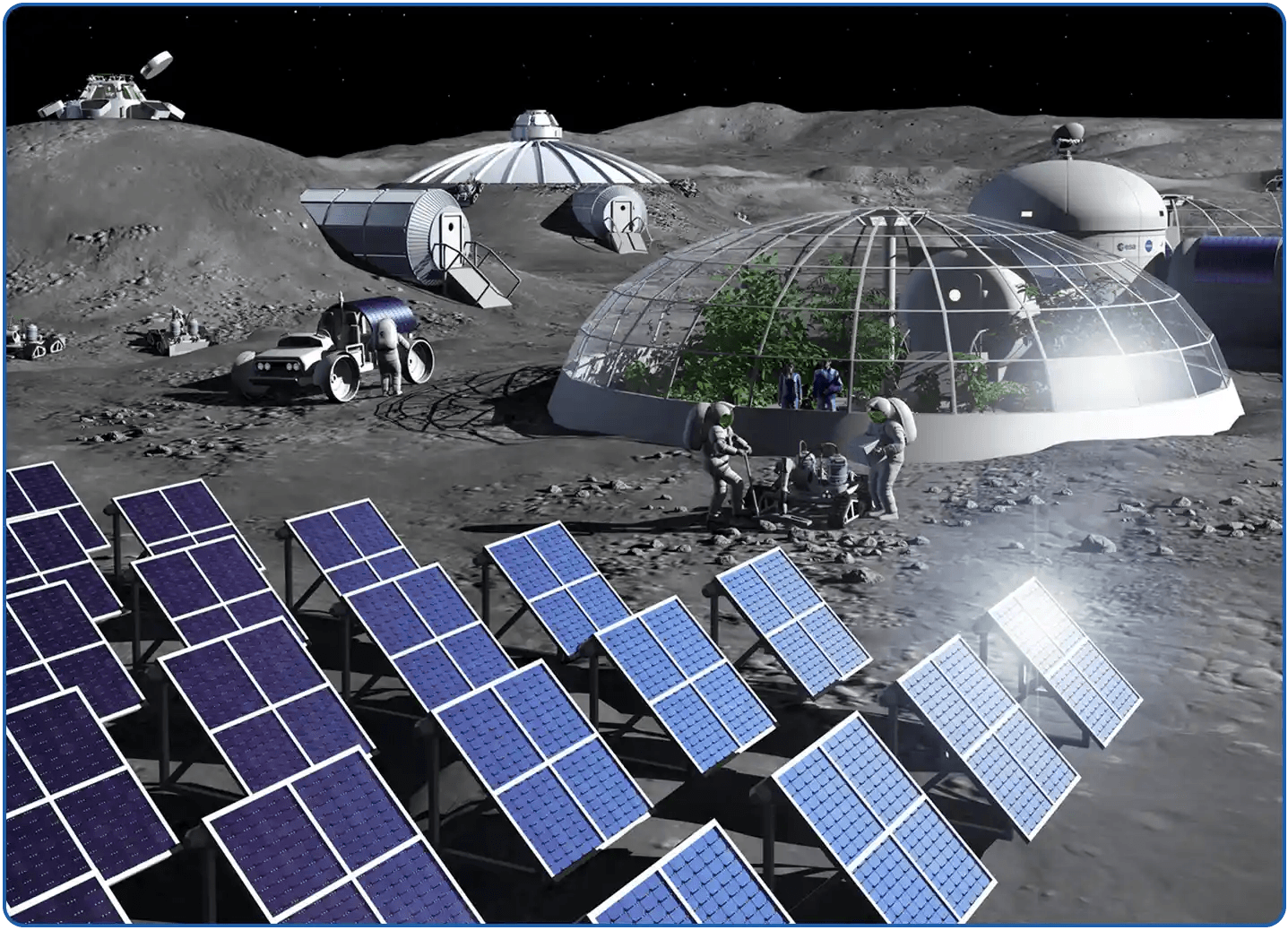 [Carril, P. (2019, July 4). Artist impression of activities in a Moon Base. European Space Agency.]
